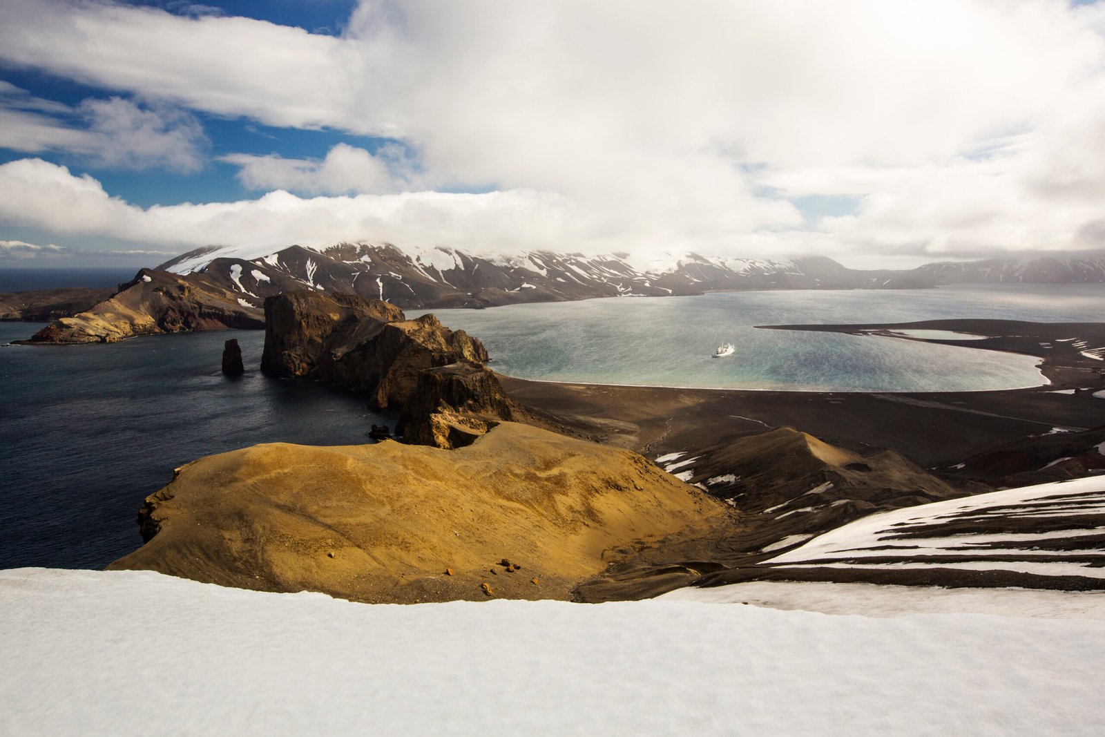 Deception Island in the South Shetland Islands off the Antarctic Peninsular is an active volcanic caldera.