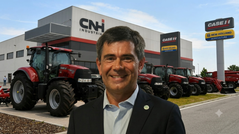 Esta imagen muestra a una persona frente a un concesionario Case IH.