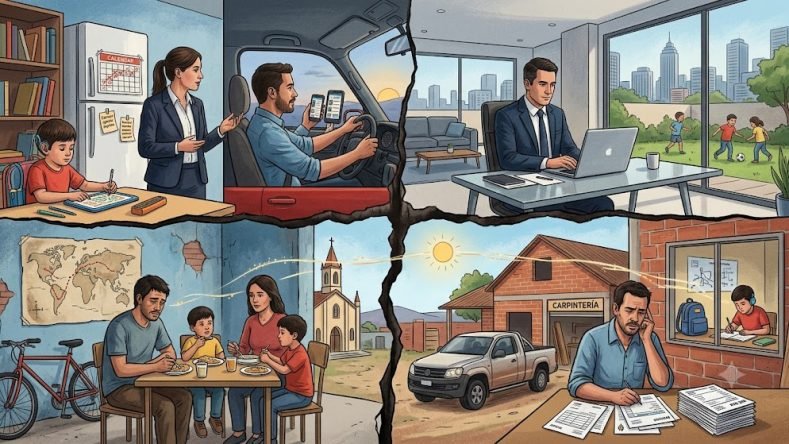 Esta ilustración describe diversos aspectos del equilibrio entre la vida laboral y familiar en la era moderna.