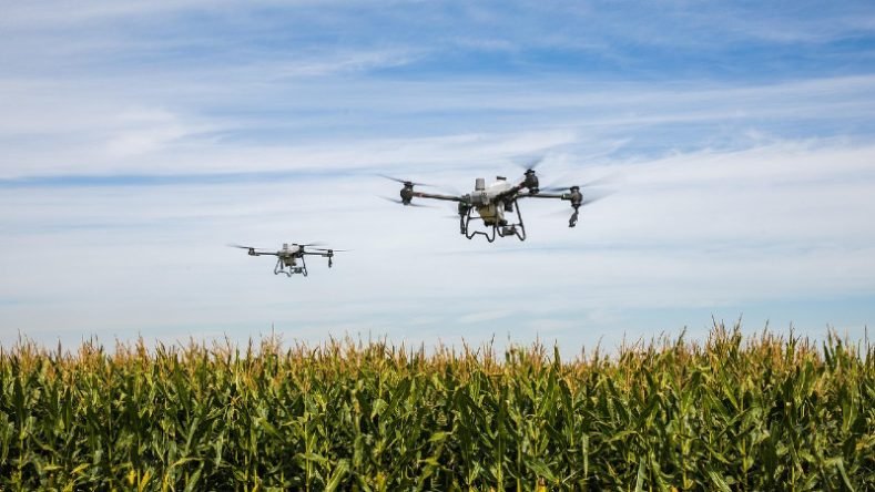 Los drones mostrados son modelos de la serie DJI Agras, comúnmente utilizados para pulverización y esparcimiento en agricultura.Estos vehículos autónomos permiten optimizar aplicacio