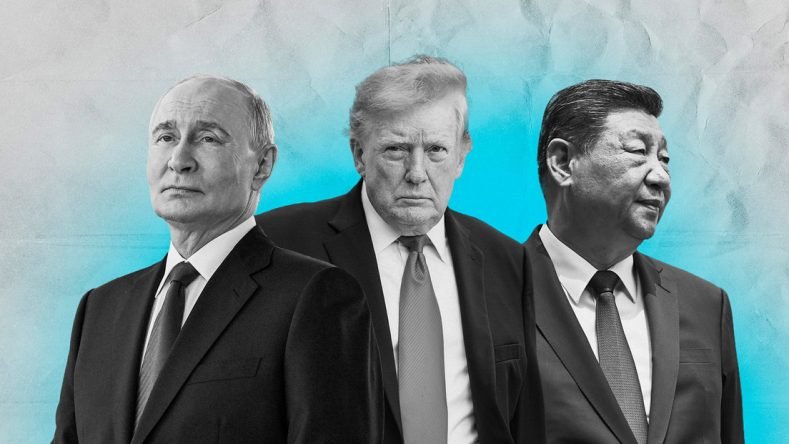 La imagen muestra a los líderes Vladímir Putin (presidente de Rusia), Donald Trump (presidente de Estados Unidos) y Xi Jinping (presidente de China).