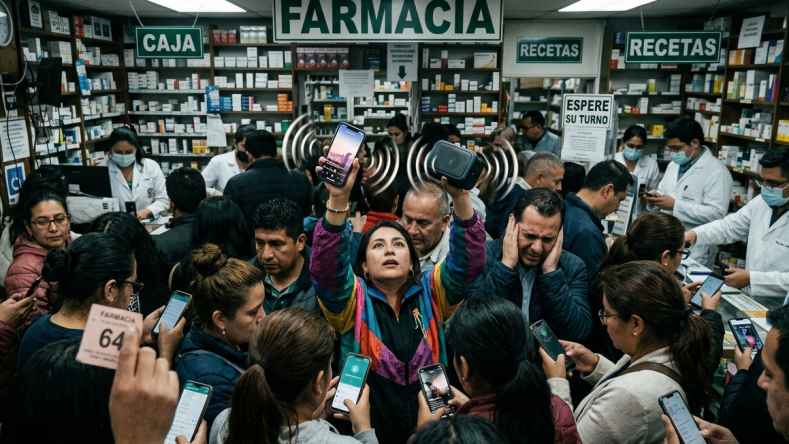 Imagen ilustrativa de personas con el celular rodeados de tecnología