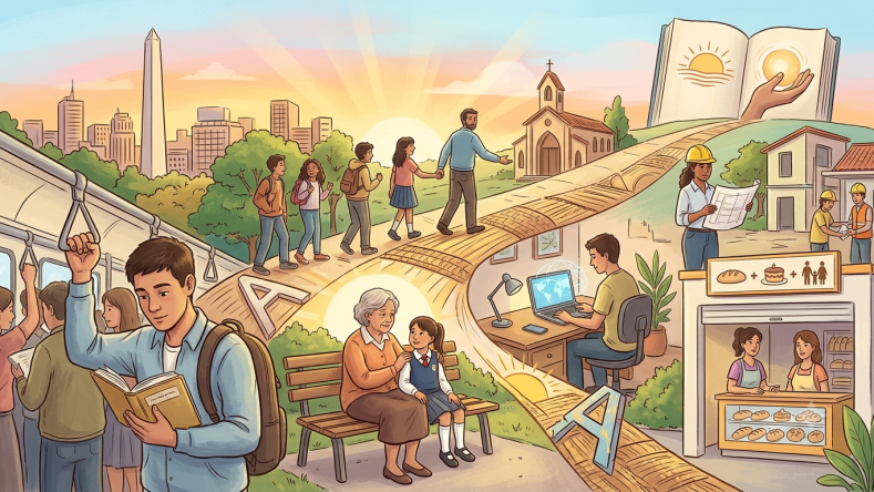 Esta imagen muestra una ilustración conceptual que representa diferentes etapas de la vida, educación y comunidad, con un estilo artístico detallado que incluye elementos urbanos como el Obelisco de Buenos Aires.
