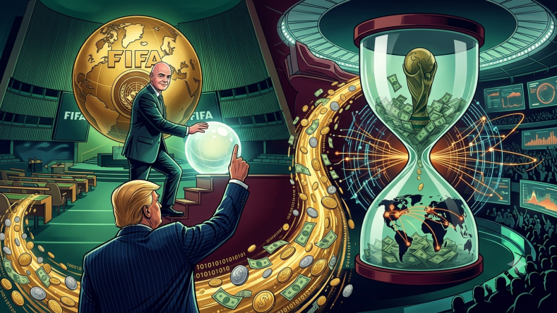 Esta imagen ilustra la intersección entre la política, los negocios y la Copa Mundial de la FIFA 2026, que se celebra en Estados Unidos, México y Canadá con un formato ampliado de 48 selecciones.