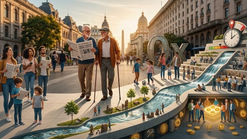 La imagen generada por inteligencia artificial ilustra una escena urbana de carácter conceptual y metafórico, aparentemente ambientada en una avenida céntrica que asemeja el entorno de la Diagonal Norte y el Obelisco en Buenos Aires, integrando elementos de infografía sobre flujos de recursos, riqueza y tiempo.