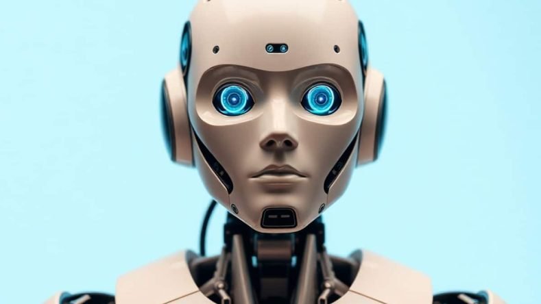 Esta imagen representa un concepto de inteligencia artificial, a menudo visualizado como un robot humanoide con características realistas.