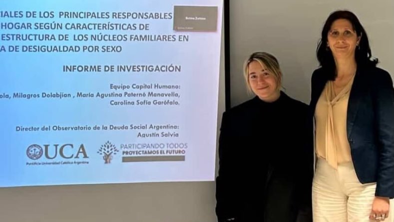 Esta imagen muestra una presentación de investigación del Observatorio de la Deuda Social Argentina de la UCA sobre desigualdades estructurales y de género en los hogares.