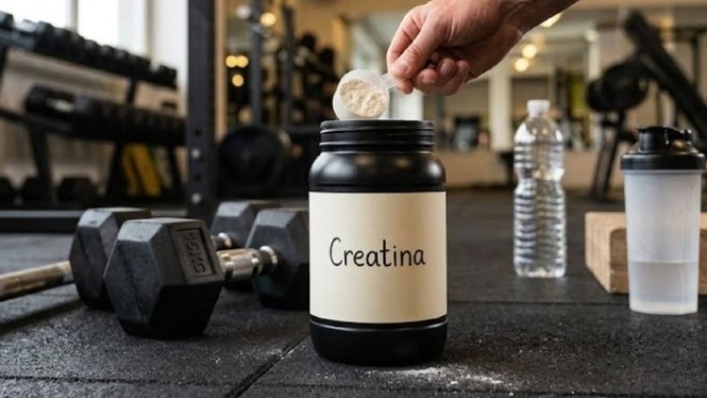 La imagen muestra un envase negro con la etiqueta «Creatina» en un gimnasio, un suplemento nutricional utilizado para potenciar el rendimiento físico y la fuerza muscular.