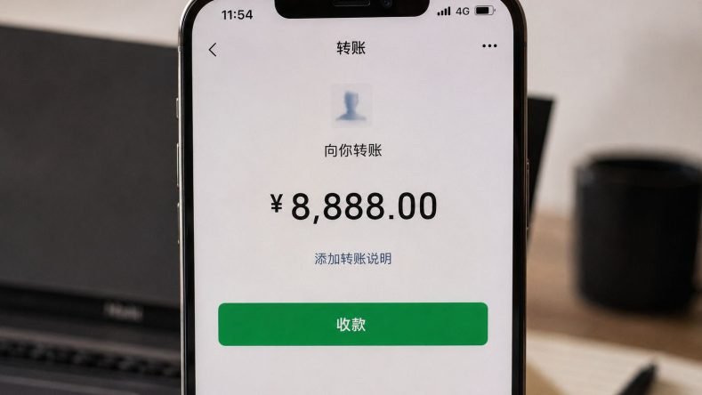 La pantalla de un teléfono inteligente muestra una notificación de transferencia en la aplicación de mensajería y pagos WeChat, la cual indica un monto pendiente de ¥8,888.00 yuanes chinos (aproximadamente $1,220 USD) a la espera de ser aceptado mediante el botón verde de recepción. [1] (http://www.mnw.cn/keji/mi/2673590.html), [2] (https://www.reddit.com/r/chinalife/comments/1kropc4/alipay_wechat_pay_as_a_foreigner/?tl=es-419)