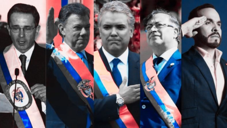 Esta imagen muestra una secuencia de líderes políticos latinoamericanos, destacando cuatro exmandatarios y el actual presidente de Colombia junto a otras figuras del espectro político regiona