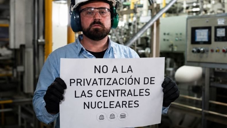 Este informe muestra a un trabajador de la empresa Nucleoeléctrica Argentina en el Complejo Atucha sosteniendo un cartel de protesta contra la privatización del sector nuclear estatal.