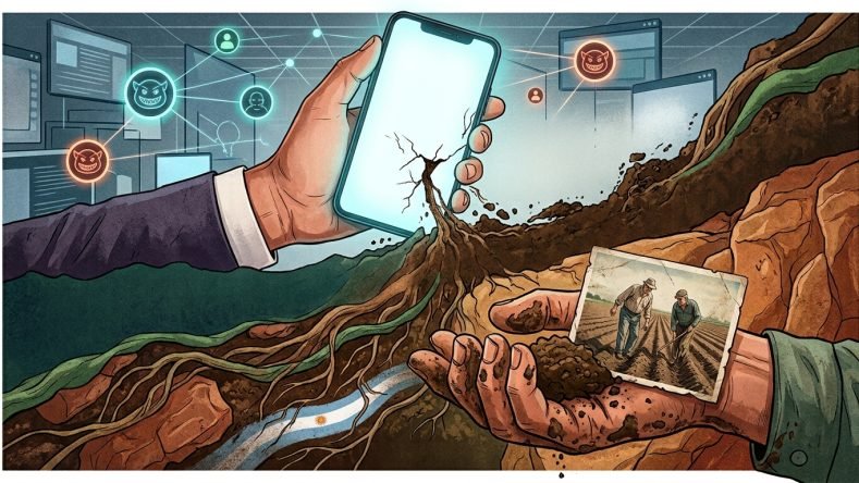 Visión general creada por IA La ilustración contrasta la desconexión del mundo digital y corporativo —representado por pantallas, redes y un celular agrietado que daña la tierra— frente al arraigo, la memoria y el trabajo de la tierra vinculados a la identidad argentina.