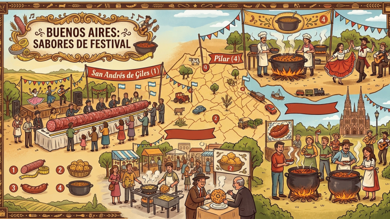 Este mapa ilustrado destaca festivales gastronómicos tradicionales en Buenos Aires, mostrando escenas de carneadas, asados y música folclórica.