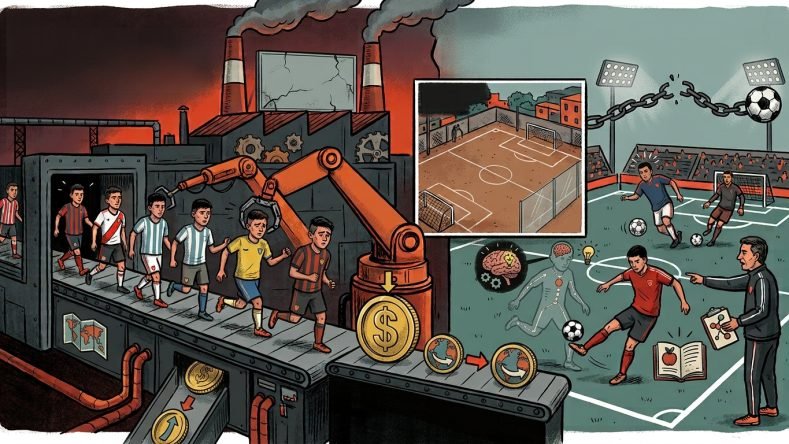 La ilustración contrasta la mercantilización del fútbol moderno con la esencia formativa y lúdica del deporte de potrero.