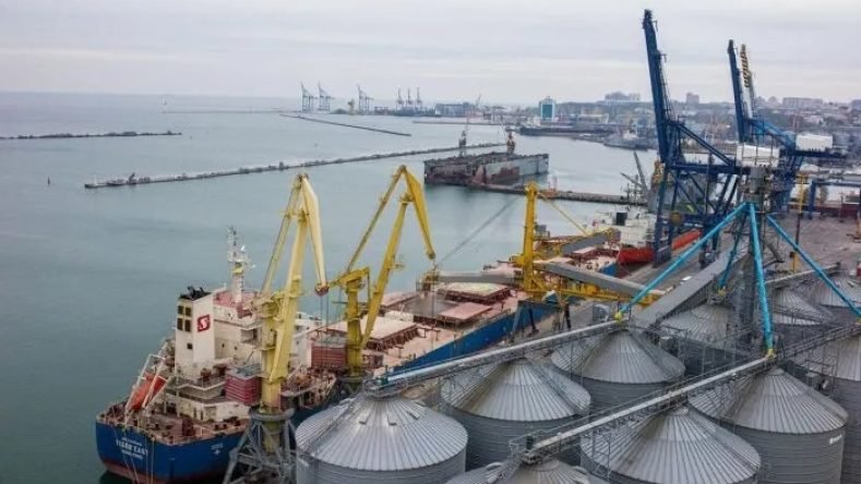 La imagen muestra una vista aérea de las instalaciones de carga de granos y silos en un puerto marítimo.