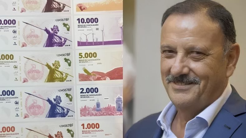 La imagen muestra al gobernador de la provincia de La Rioja, Ricardo Quintela, junto a los diseños de los Bonos de Cancelación de Deuda (BOCADE), conocidos popularmente como "El Chacho".