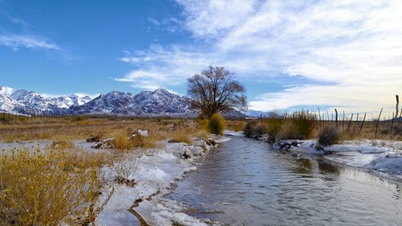 Esta imagen muestra un paisaje invernal en Uspallata, Mendoza, con montañas nevadas al fondo.