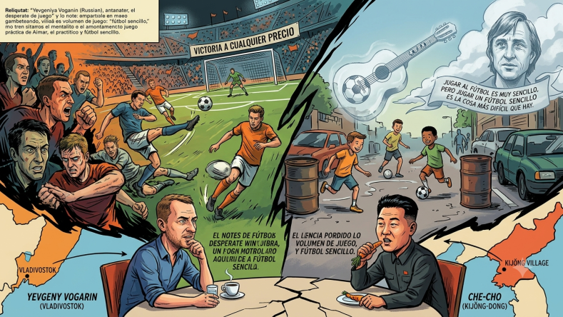 Esta ilustración satírica contrasta el fútbol profesional comercializado con el fútbol callejero auténtico.